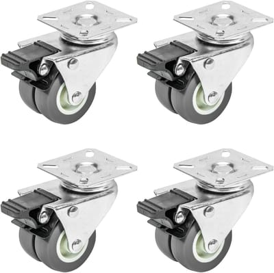 Set van 4 dubbele zwenkwielen voor zware lasten met rem | polyurethaan | 50 mm | tot 400 kg draagvermogen | grijs en duurzaam