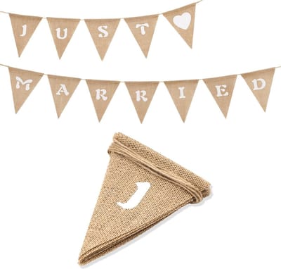 Joya Party® Vintage Slinger Just Married | Jute vlaggenlijn | Bruiloft banner | Rustieke linnen slingers met 12 stuks jute driehoekige wimpels | vintage doek shabby chique Decoratie voor Rustieke bruiloft