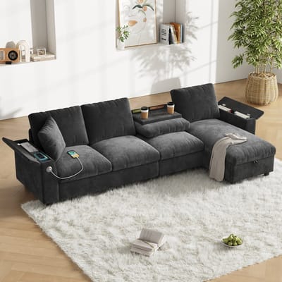 MODFU - Hoekbank Met Slaapfunctie En Opbergruimte - Uitklapbare Tafel - Modern - Chenille - Grijs - 280 x 137 x 84 cm