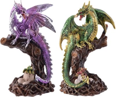 Draak zittend op boom met baby draakje - set van 2 groen/paars - (hxbxd) ca. 17cm x 12cm x 9cm