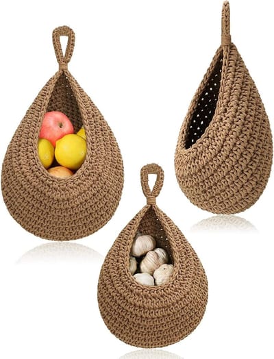 Set van 3 Hangende Wandmanden voor Keuken, Woonkamer en Badkamer - Jute Fruitmanden voor Decoratie en Opberging