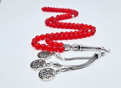 Handgemaakte tesbih "Tasbih" natuursteen "Rode kwarts" - Aantal kralen 99 - Diameter kralen 8MM - met metaal tassel "Allah jala jalaluh" - Een mooi cadeau-idee
