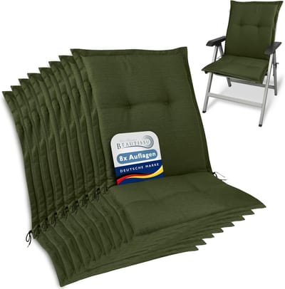 Beautissu HighLux NL – Set van 8 Tuinkussen Lage Rug Kussen 105x50x7cm – Outdoor Zitkussen voor Tuinstoel Donker Groen