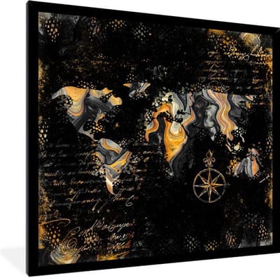 Poster in lijst - Fotolijst 40x40 cm - Posters - Wereldkaart - Verf - Goud - Kompas - Posterlijst zwart - Decoratie - Wanddecoratie woonkamer - Muurdecoratie slaapkamer