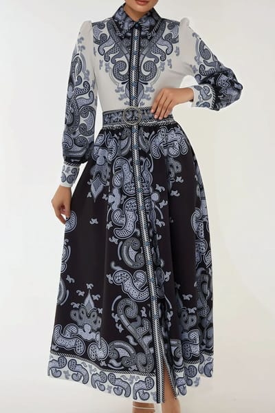 Geprinte Lange Mouw Maxi Jurk met Ceintuur
