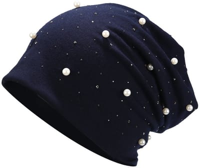Mutsen - Gebreide mutsen - Parel & strass - Zwangerschapsmutsen - Muts Een loszittende, lange gebreide muts, geschikt voor vrouwen of vrouwen in de kraamtijd, gemaakt van comfortabele marineblauwe stof.