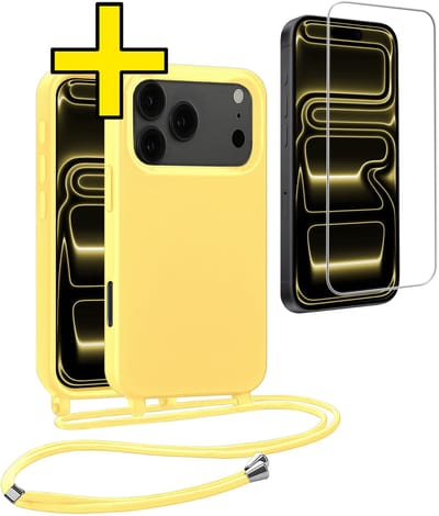 Hoesje Geschikt voor iPhone 17 Pro Hoesje Met Koord Met Screenprotector Siliconen Case - Hoes Geschikt voor iPhone 17 Pro Backcover Met Afneembaar Koord - Geel