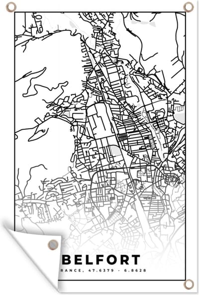 Muurdecoratie Stadskaart - Belfort - Plattegrond - Kaart - Frankrijk - Zwart wit - 120x180 cm - Tuinposter - Tuindoek