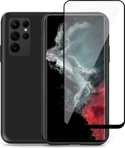 Hoesje geschikt voor Samsung S22 Ultra + Screenprotector – Glass Pet Folie - Liquid Back Case Cover Zwart