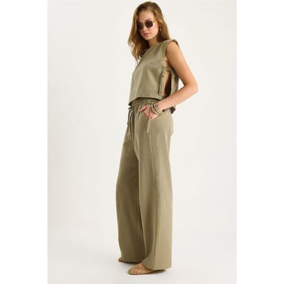 Crew Neck Striksluiting Twee-delige Co-ord Set met Wijde Pantalons