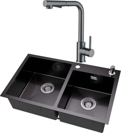 Auralum max Dubbele Spoelbak (75x45cm) - Spoelbak Keuken Met Keukenkraan Met Uittrekbare Uitloop - Wasbak Keuken Antraciet - Duurzaam, Veelzijdig en Geluiddempend - Met zeepdispenser 300ml en Waterafvoersysteem