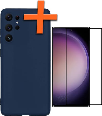 Hoes - Met Screenprotector - Geschikt voor Samsung Galaxy S23 Ultra - Sterk & Shockproof - Back Cover - Siliconen Case - Telefoon Hoes - Donkerblauw