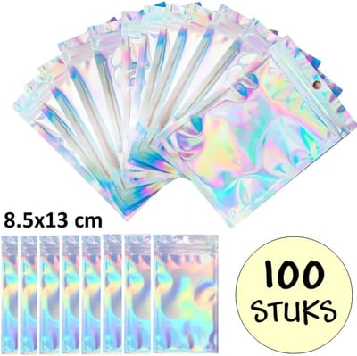 100 Holografische Folie Zip Lock Zakjes Met Gat - Hersluitbare Mylar Zakken - 8x13cm - Uitdeelzakjes - Transparant - Snoepzakjes - Cadeauzakjes - 100 Stuks