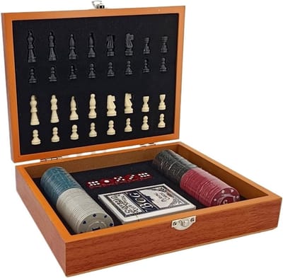 Schaakcombinatieset - Bordspel Set - Familie Entertainment - 4-in-1 Opvouwbaar - 26x26cm - Natuurlijk Hout
