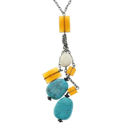 Behave - Lange dubbele zilverkleurige ketting met turquoise en bruine kralen, 62 cm