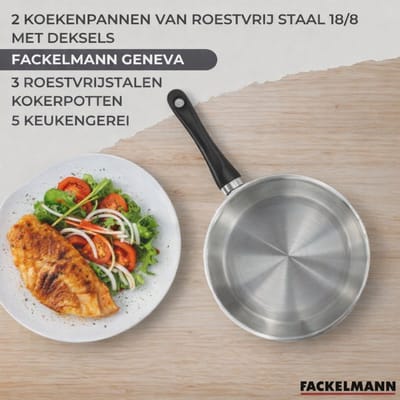 Set van 2 pannen 20, 28 cm roestvrij staal, glazen deksels, 3 roestvrijstalen braadpannen 16, 20 en 24 cm en 6 roestvrijstalen Oxford keukengerei Fackelmann Geneva