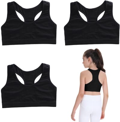 Dailygoods- Sportbeha Zwart - 3 Stuks - Katoen/Elastaan - Voor Meisjes 8-14 Jaar - Ademend/Lichtgewicht - Geen Irritatie van de Huid - Bh