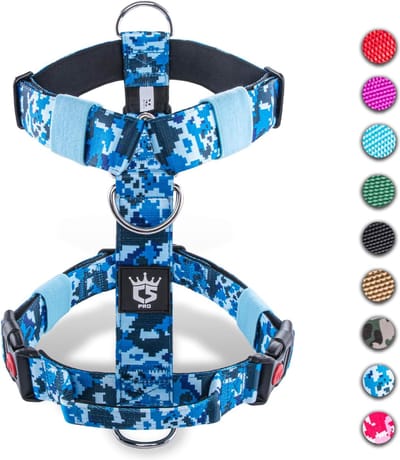 Tactisch hondentuigje met handgreep, 3,8 cm breed, militaire kwaliteit, dik gevoerd en robuust, snelsluiting, geschikt voor kleine tot middelgrote honden (Camo Blue-M)