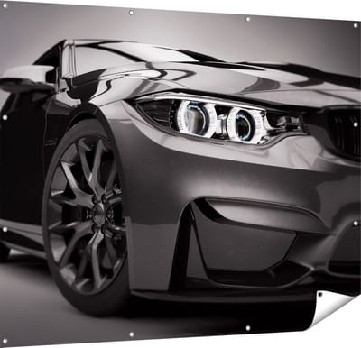 Gards Tuinposter Grijze Sportwagen Auto - Zwart Wit - 150x120 cm - Tuindoek - Tuindecoratie - Wanddecoratie buiten - Tuinschilderij