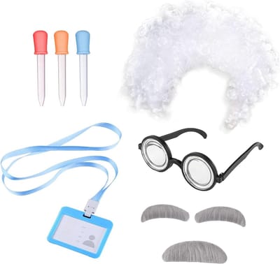 5-delige Crazy Scientist Kostuum Set met Laboratorium Perucas, Nerd Bril en Snor voor Feestjes en Thema-avonden