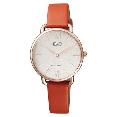 Q&Q QC27J112Y - Horloge - Analoog - Vrouwen - Dames - Leren band - Rond - Metaal - Streepjes - Romeinse cijfers - Donkeroranje - Rosékleurig - Crème/Beige