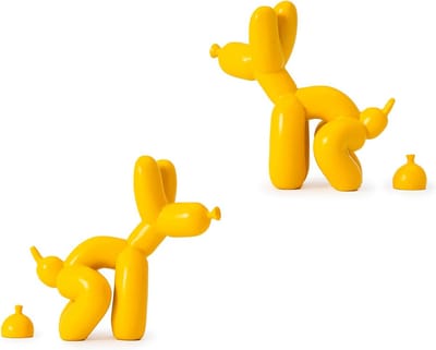 Gele poepende hondenballon sculptuur (set van 2) - Grappige hurkende hond decoratie voor huis
