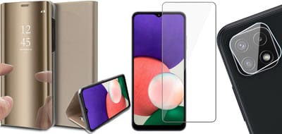 Hoesje geschikt voor Samsung Galaxy A22 5G - Bookcase Goud - Screenprotector - Camera Screen Protector - Spiegel Hoes