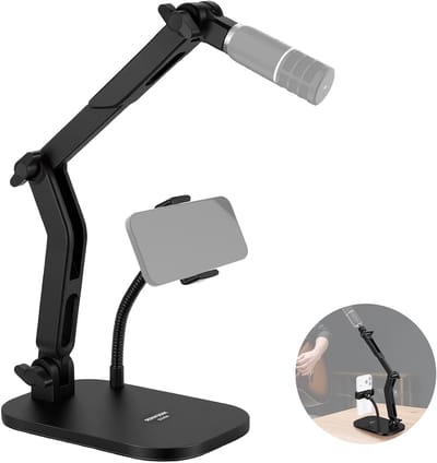 Verstelbare Microfoonstandaard met Telefoonhouder en Flexibele Arm voor Tafelgebruik, Geschikt voor Blue Yeti en Razer Seiren Mini, Ideaal voor Streamen en Opnames