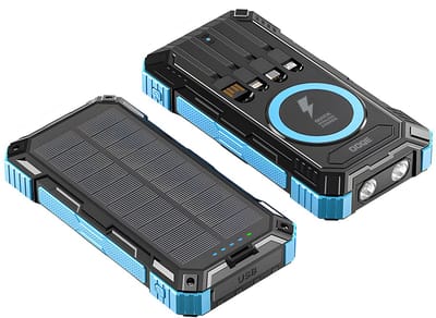 OOQE MultiCharge 4 - All-in-One Solar Powerbank | Powerbank Zonneenergie | Ideaal voor Noodsituaties | 7 Apparaten Tegelijkertijd Opladen | Draadloos Opladen | 22.5W Snellader | Zaklamp | Geschikt voor Samsung, Apple en Andere Merken | Blauw/Zwart