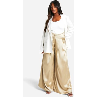 boohoo Dames Plus Satijn Plooi Detail Op Maat Gesneden Wijde Pijpen Broek | Champagne | Maat: 46