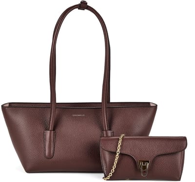 COCCINELLE Leren shopper Double Beat Grained Leather Handbag Berry donkerpaars