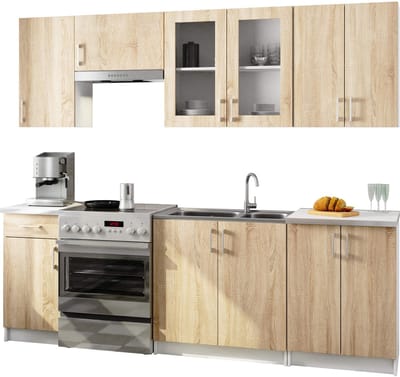 Complete Keuken, Keukenmeubelset met Verkblad LIMA H720 240 cm breed met Vitrinekast / Keukeneenheid zonder apparatuur / Wit – Sonoma Eik / 240 x 203 x 44,5 cm