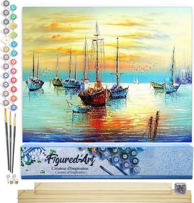 Figured'Art Schilderen op Nummer Volwassenen canvas Zeilboten in de haven - Handwerk acrylverf Kit DIY Compleet - 40x50cm met DIY houten lijst