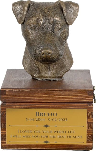 Jack Russell Terrier urn met beeldje - gepersonaliseerde hondenurn