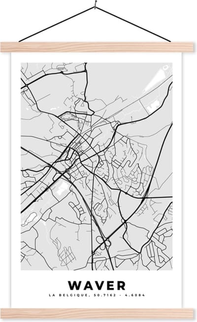 Posterhanger incl. Poster 40x60 cm - Schoolplaat - Stadskaart – Zwart Wit - Kaart – Waver – België – Plattegrond - Textielposter - Blanke latten - Stadskaart