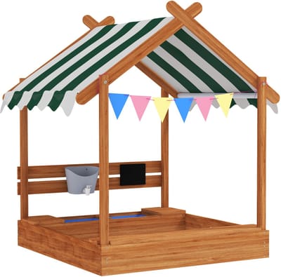 TEKROA® Houten Zandbak voor Kinderen in Huisvorm met Dak - 124x116x146 cm - Incl - voor kinderen Speelgoed, Wasbak & Krijtbord