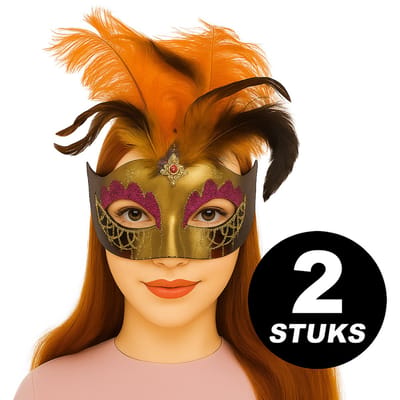 Venetiaans Masker Goud Paars met Veren – Verkleedmasker 2 Stuks – Carnaval & Feestartikelen