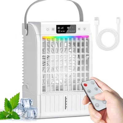 Mini-luchtkoeler, mobiel, 4-in-1 draagbare airconditioning, klein met afstandsbediening, 1500 ml watertank, 4 snelheden, 2 mistmodi, RGB-licht, timer, ventilator met waterkoeling voor keuken