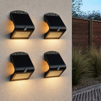 Set van 4 Rhodes Solar Wandlampen Up & Down - met Bewegingssensor - 4W - 3000K Warm wit - 2 lichtstanden - IP65 waterdicht - Wandlamp Schutting - Zwart