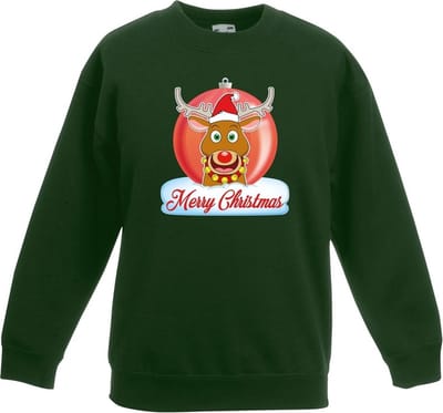 Kersttrui Merry Christmas rendier kerstbal groen jongens en meisjes - Kerstruien kind 98/104