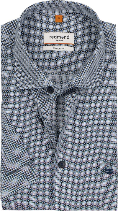 Redmond comfort fit overhemd - korte mouw - popeline - blauw met bruin en wit dessin - Strijkvriendelijk - Boordmaat: 39 - 40