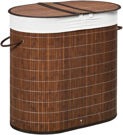 REDOM - Wasmand 100L Met 2 Vakken En Deksel - Dubbele Wasbox Voor Wasruimte En Badkamer - Bamboe - Bruin