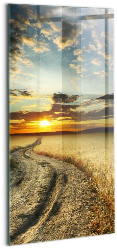 Wallfluent Glasschilderij - Onverharde weg en zonsondergang Schilderij Op Glas - 50x100 cm - Bruin Verticale Muurschildering - Landschap Foto In Glas - Foto Glas - Glas Foto