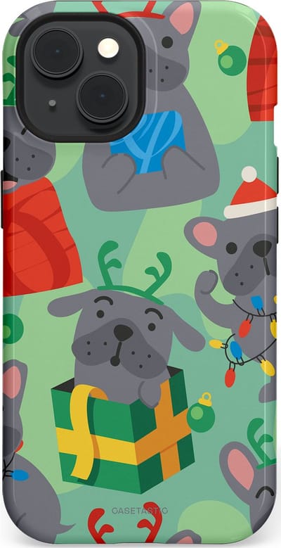 Casetastic hoesje geschikt voor Apple iPhone 15 - MagSafe - Dubbellaagse bescherming - Hondje als Kerstcadeau - Fashion Case - Mintgroen Grijs Rood