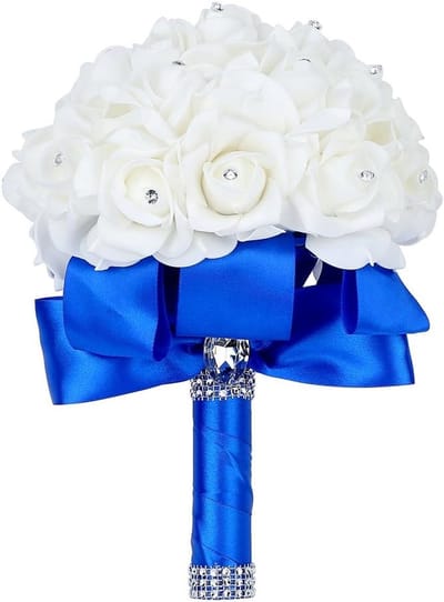 Prachtig Bruidsboeket Blauwe Rozen met Kristallen en Satijnen Lint - Kunstbloemen, Feest- en Kerkdecoratie