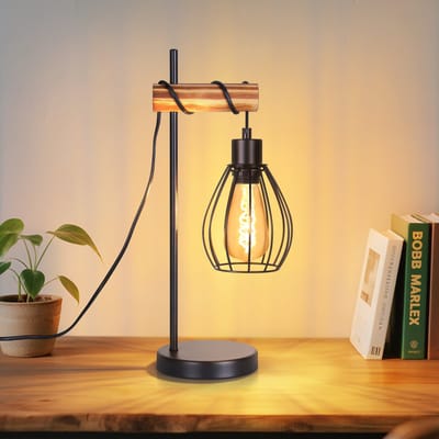 NETTLIFE Tafellamp - Hout - E27 Fitting - Zwart - Metaal - retro Tafellamp - Vintage Nachtlampje - Nachtlampje met 150cm Kabel - voor Slaapkamer | Woonkamer | Café - Zonder lamp