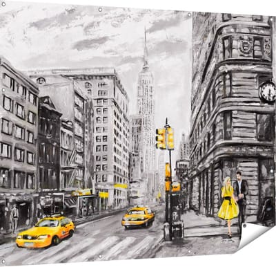 Gards Tuinposter Geschilderde New York Tekening - Zwart Wit - 150x120 cm - Tuindoek - Tuindecoratie - Wanddecoratie buiten - Tuinschilderij