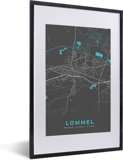 Fotolijst incl. Poster - België – Lommel – Stadskaart – Kaart – Blauw – Plattegrond - 40x60 cm - Posterlijst