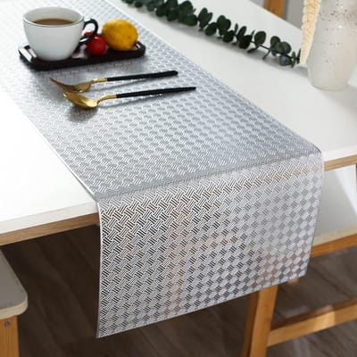 tafelloper antislip decoratieve PVC-tafelmatten Placemat hittebestendige matten voor thuis, feest, keuken, diner, bruiloftsdecoratie (92 cm x 33 cm) (zilver)