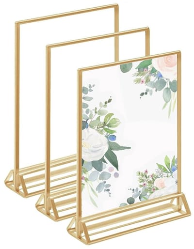 Dailygoods- Bordenhouder 3-delig - Dubbelzijdig Frame - Acryl - Tafelkaarthouder - Goudkleurig - Afmetingen 10 x 15 cm - Fotohouder
